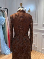 Brown High Neck Long Sleeve Beaded Lace Mermaid Evening Dress LA73757A