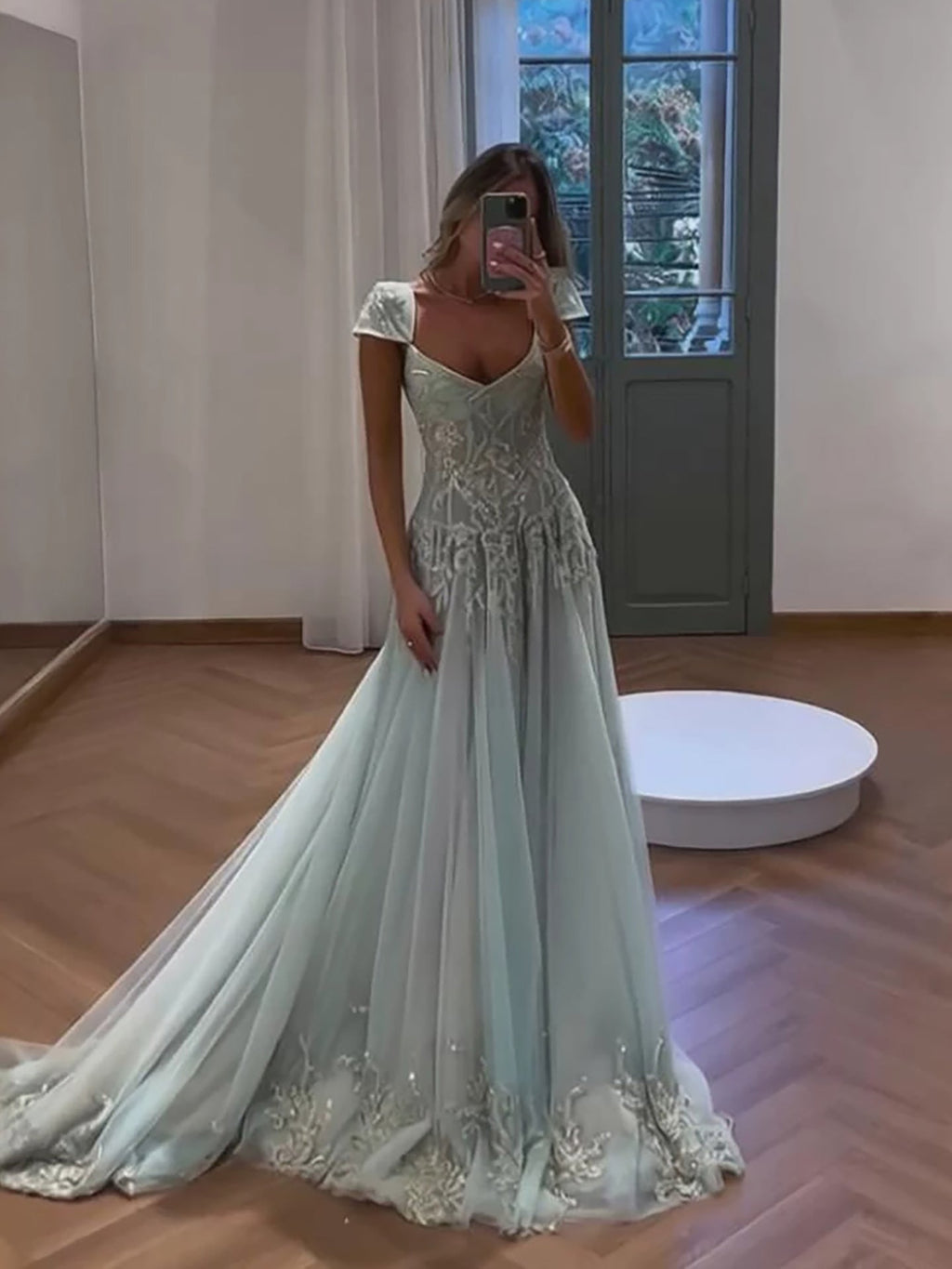 Luxury Sage Green Beaded Cap Sleeves A Line Dress LA73759