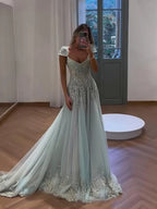 Luxury Sage Green Beaded Cap Sleeves A Line Dress LA73759