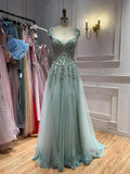 Luxury Sage Green Beaded Cap Sleeves A Line Dress LA73759