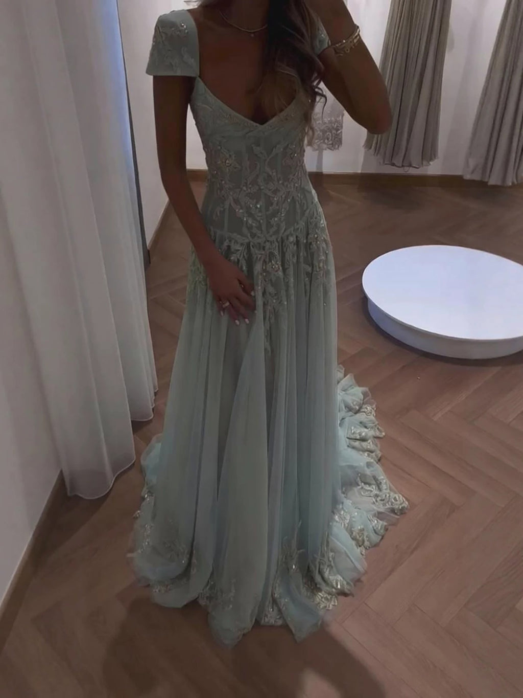 Luxury Sage Green Beaded Cap Sleeves A Line Dress LA73759
