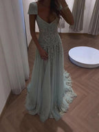 Luxury Sage Green Beaded Cap Sleeves A Line Dress LA73759