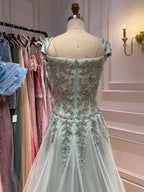 Luxury Sage Green Beaded Cap Sleeves A Line Dress LA73759