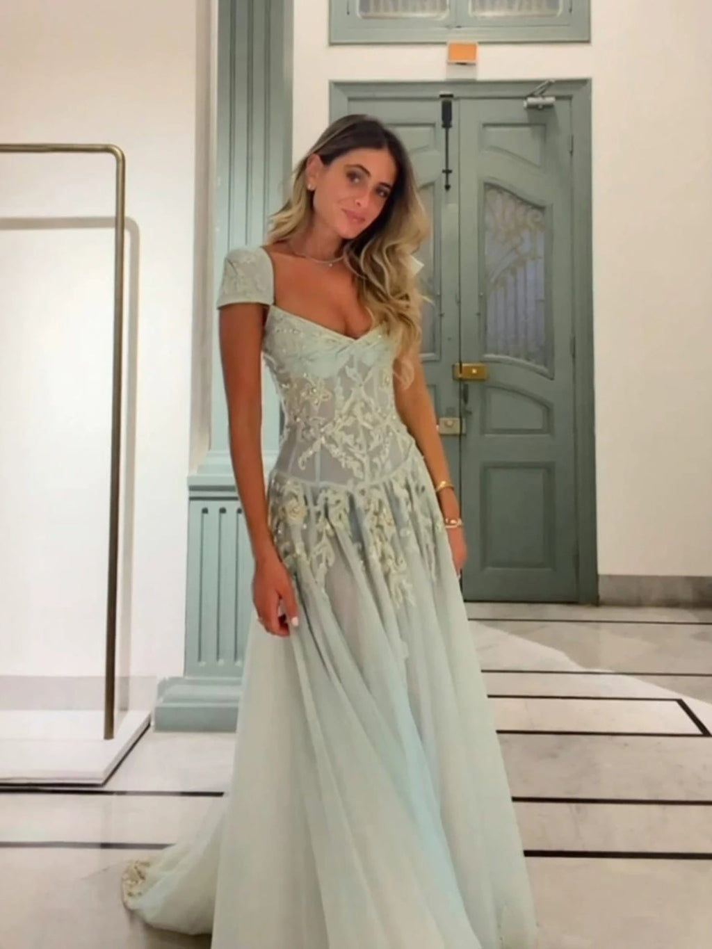 Luxury Sage Green Beaded Cap Sleeves A Line Dress LA73759