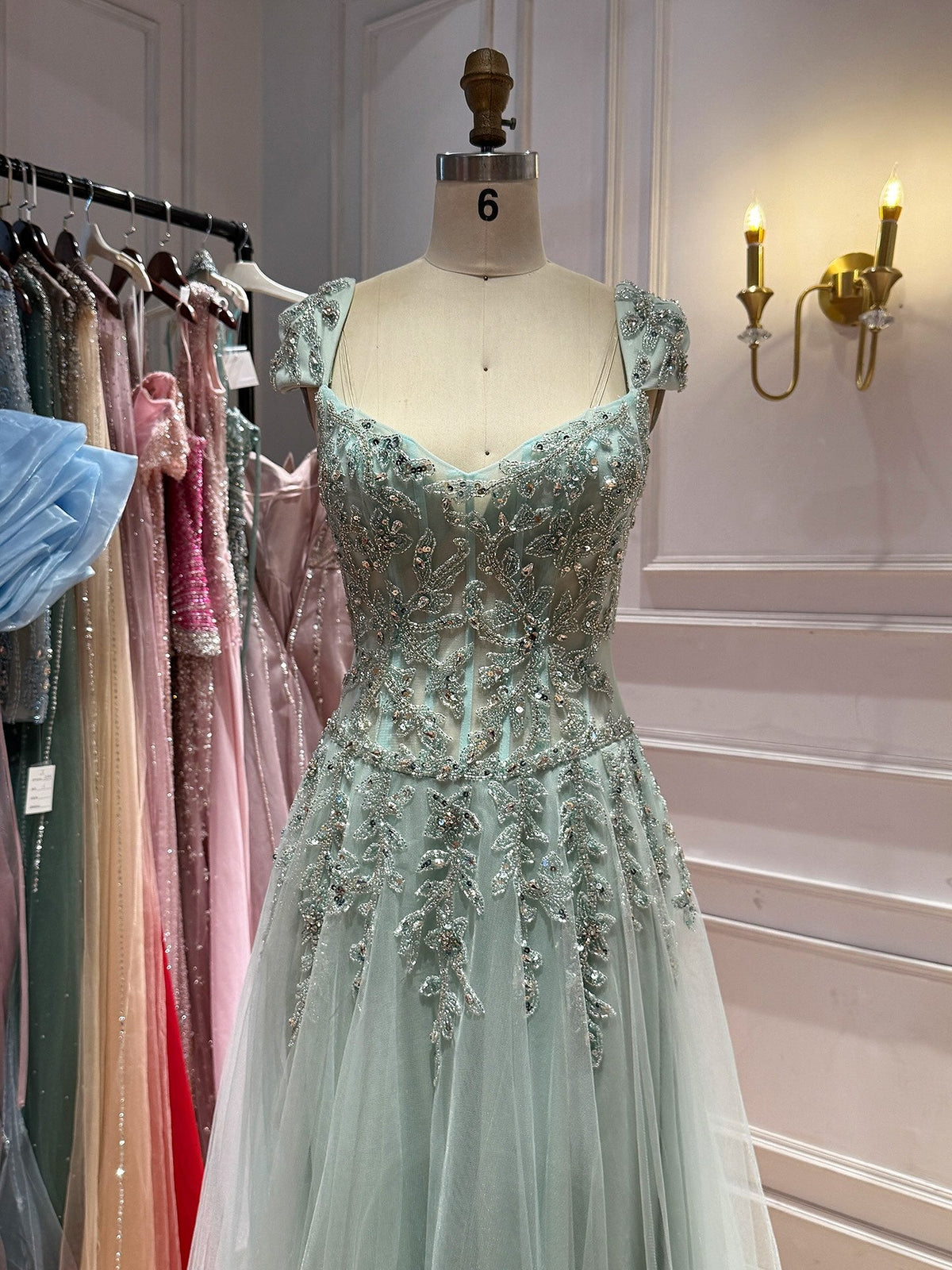 Luxury Sage Green Beaded Cap Sleeves A Line Dress LA73759
