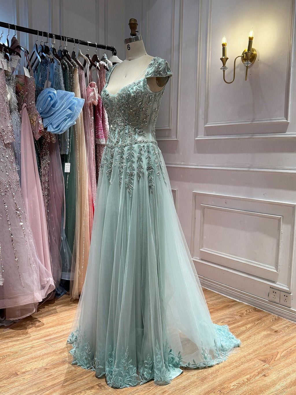 Luxury Sage Green Beaded Cap Sleeves A Line Dress LA73759