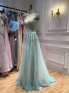 Luxury Sage Green Beaded Cap Sleeves A Line Dress LA73759