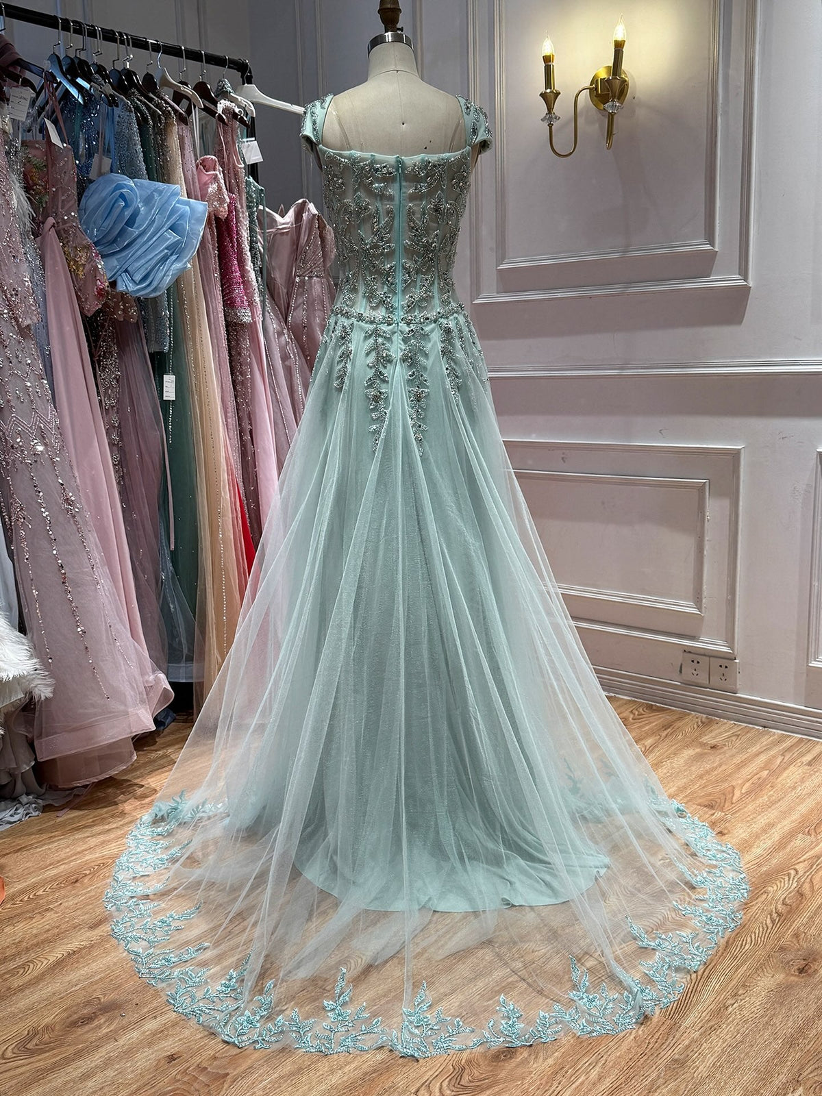Luxury Sage Green Beaded Cap Sleeves A Line Dress LA73759