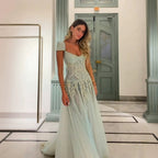 Luxury Sage Green Beaded Cap Sleeves A Line Dress LA73759