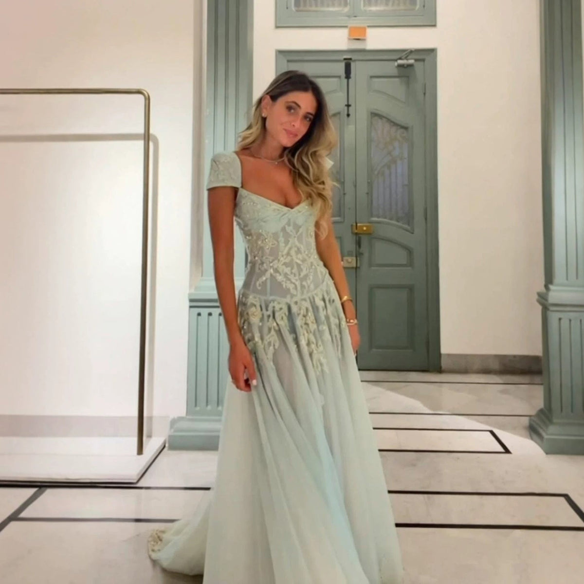 Luxury Sage Green Beaded Cap Sleeves A Line Dress LA73759
