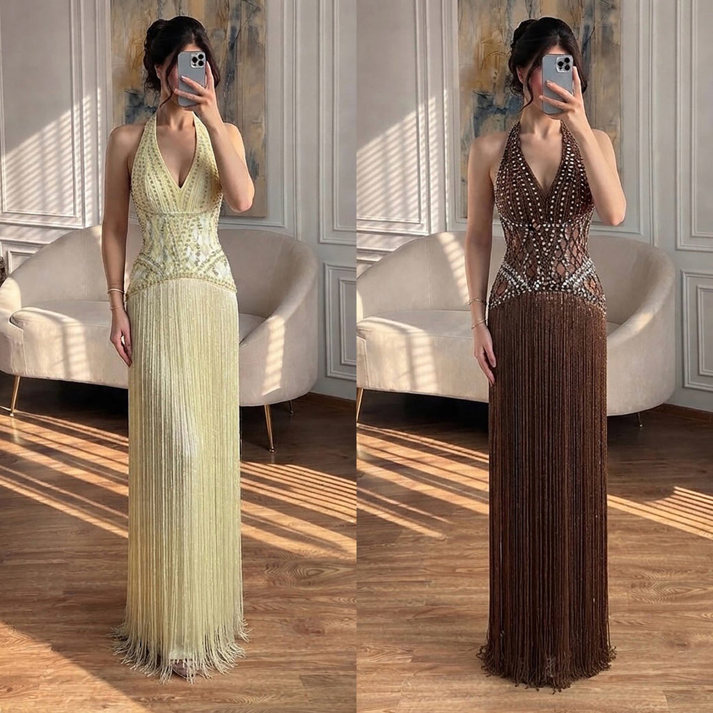 Luxury Butter Yellow Halter Fringe Evening Dress LA73765