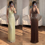 Luxury Butter Yellow Halter Fringe Evening Dress LA73765
