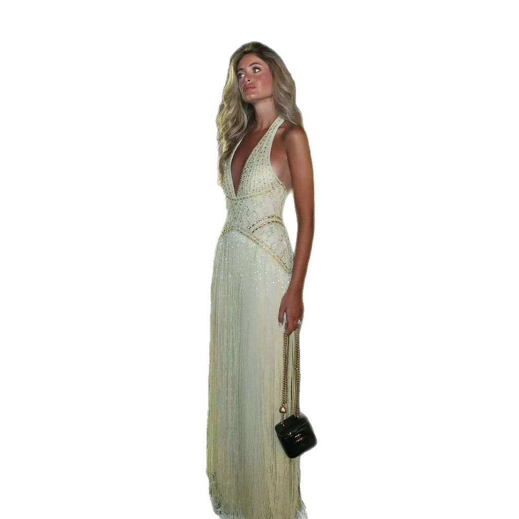 Luxury Butter Yellow Halter Fringe Evening Dress LA73765