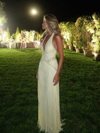 Luxury Butter Yellow Halter Fringe Evening Dress LA73765
