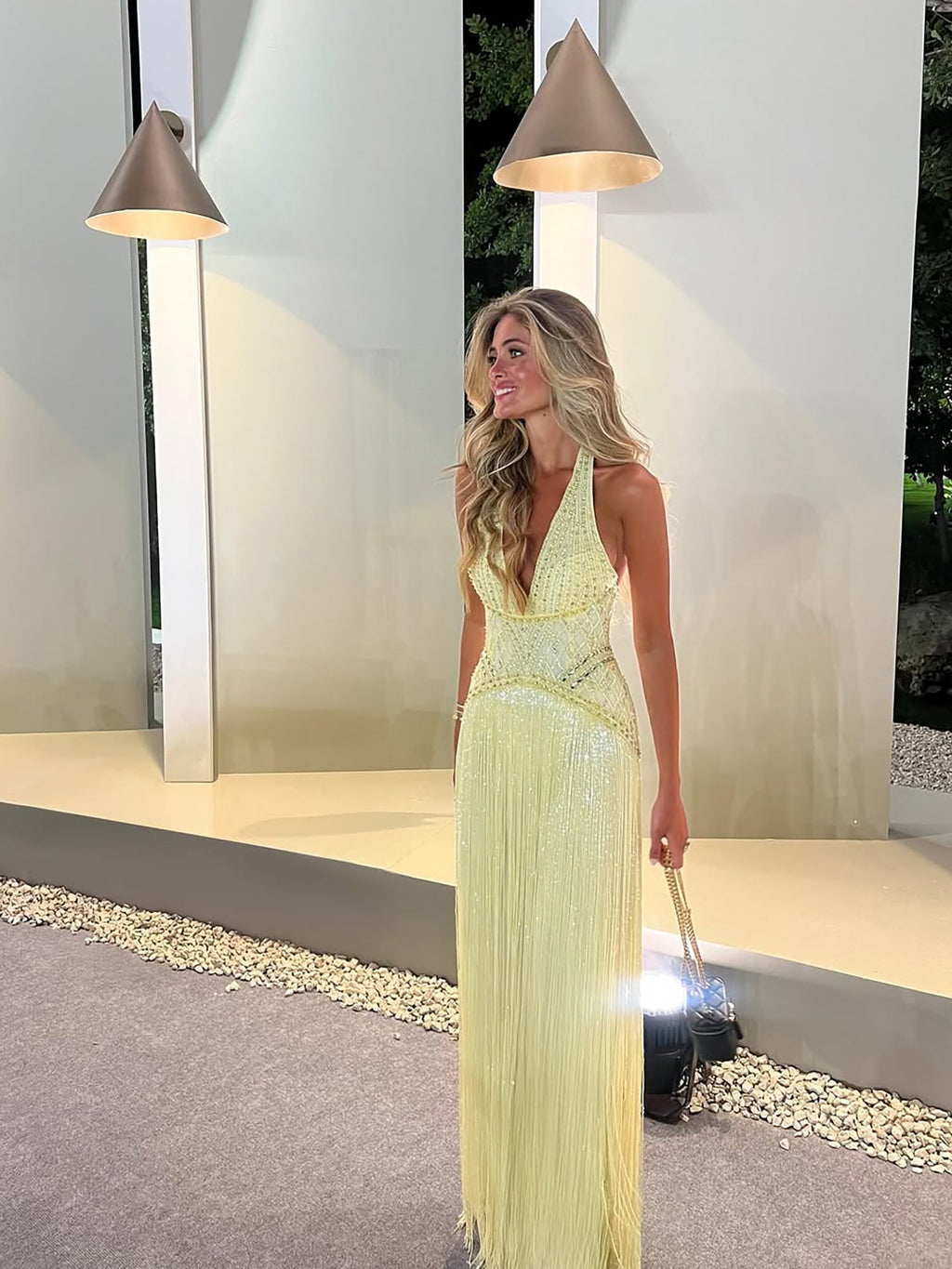 Luxury Butter Yellow Halter Fringe Evening Dress LA73765