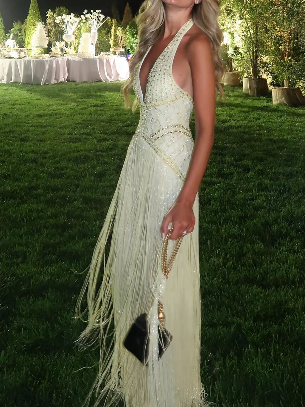 Luxury Butter Yellow Halter Fringe Evening Dress LA73765