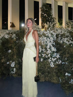 Luxury Butter Yellow Halter Fringe Evening Dress LA73765