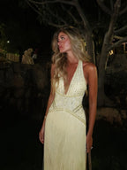 Luxury Butter Yellow Halter Fringe Evening Dress LA73765