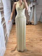 Luxury Butter Yellow Halter Fringe Evening Dress LA73765