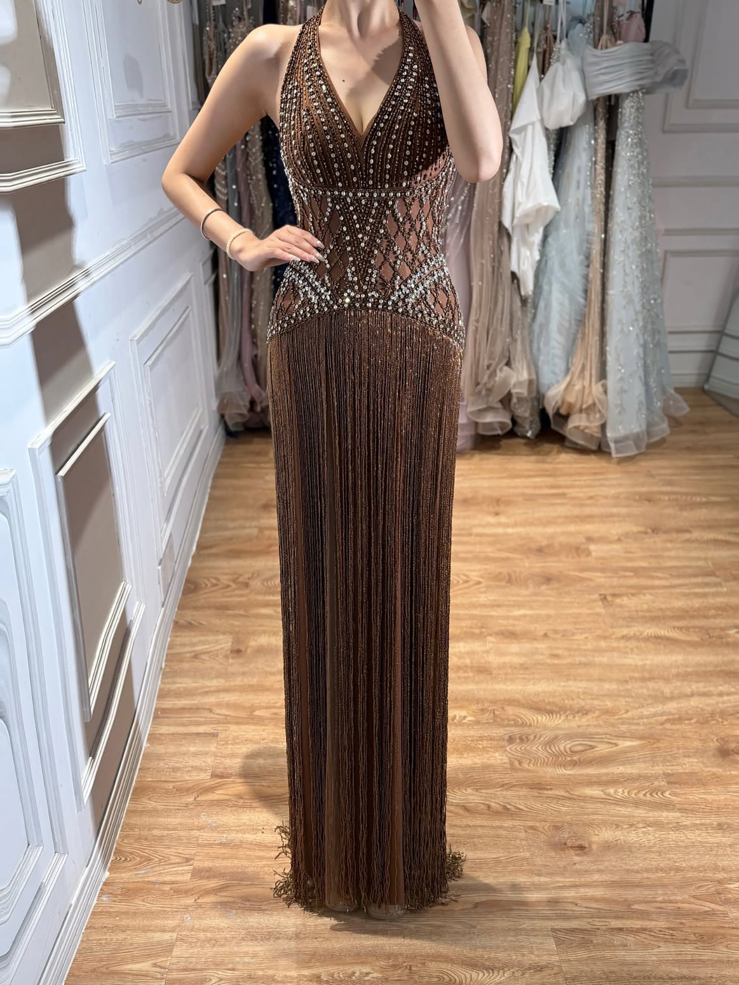 Luxury Butter Yellow Halter Fringe Evening Dress LA73765