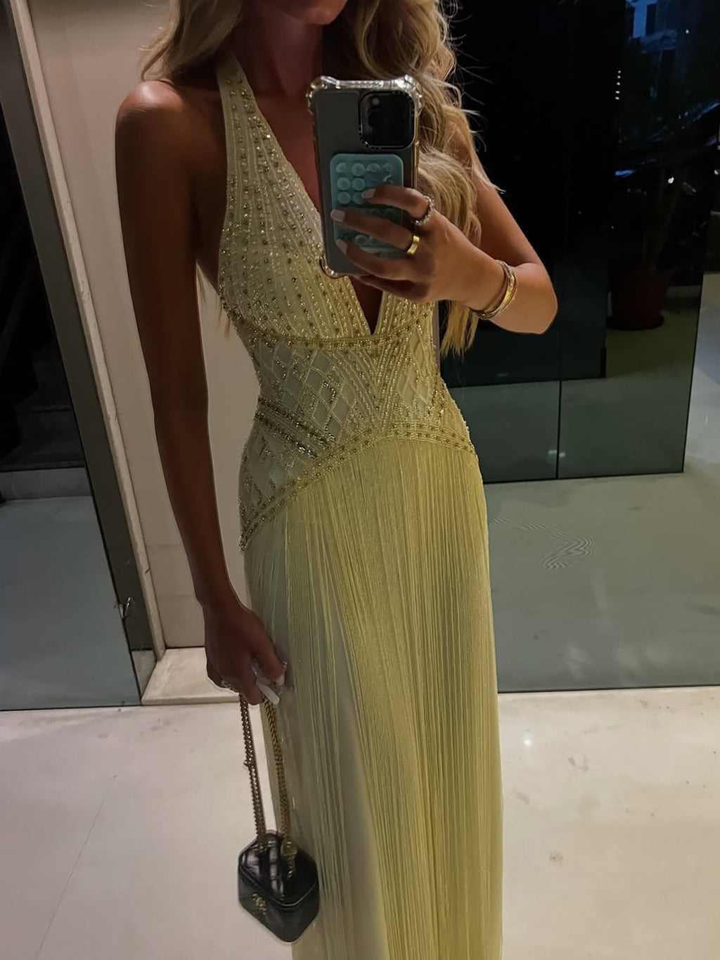 Luxury Butter Yellow Halter Fringe Evening Dress LA73765