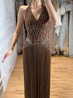 Luxury Butter Yellow Halter Fringe Evening Dress LA73765