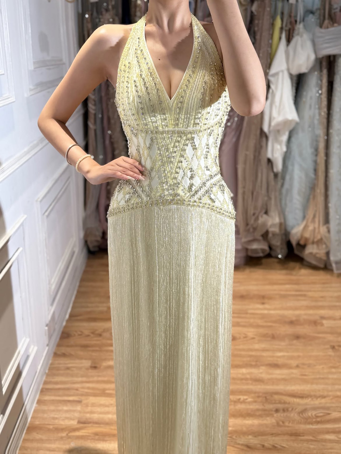 Luxury Butter Yellow Halter Fringe Evening Dress LA73765