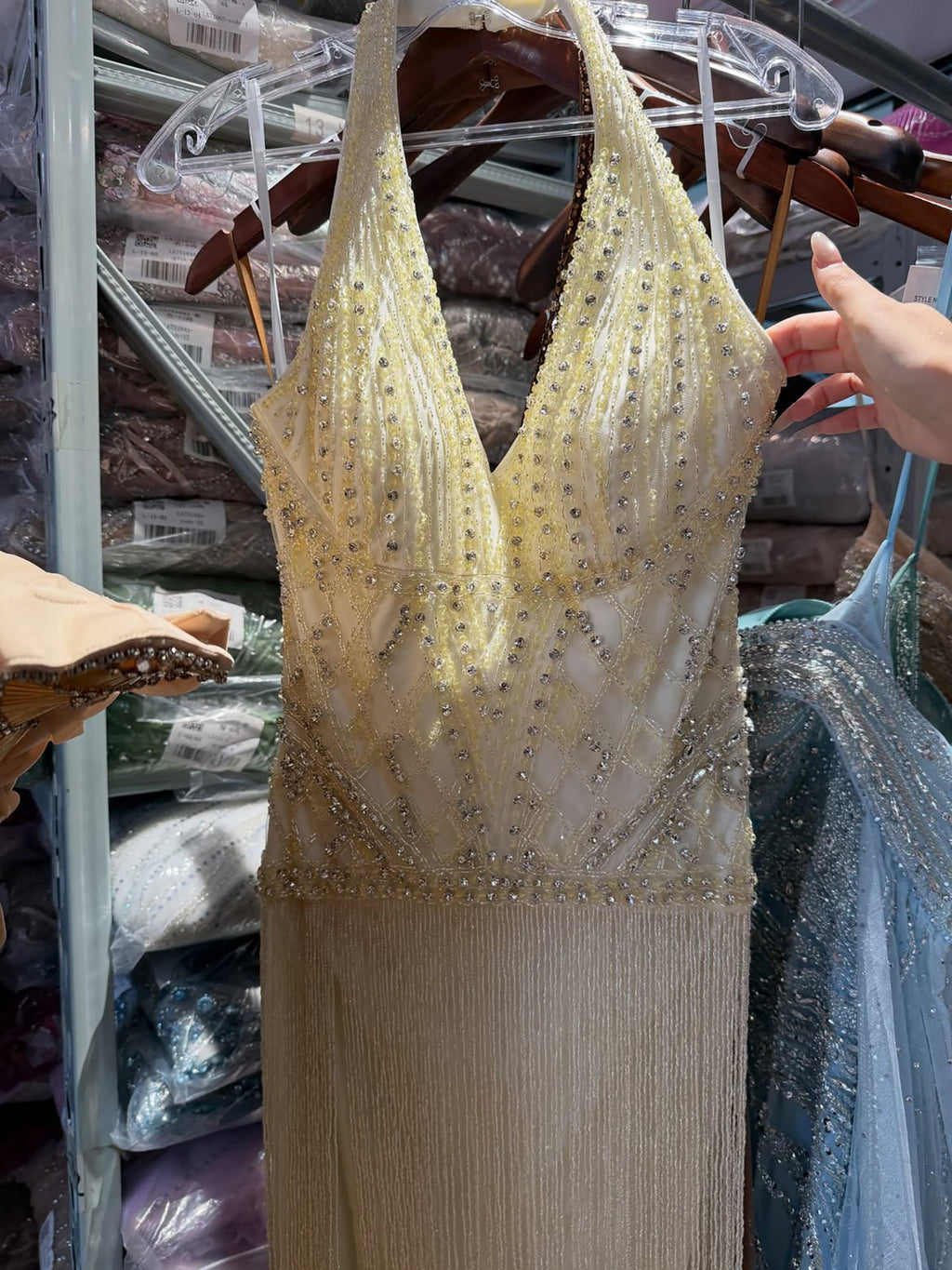 Luxury Butter Yellow Halter Fringe Evening Dress LA73765