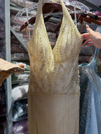Luxury Butter Yellow Halter Fringe Evening Dress LA73765