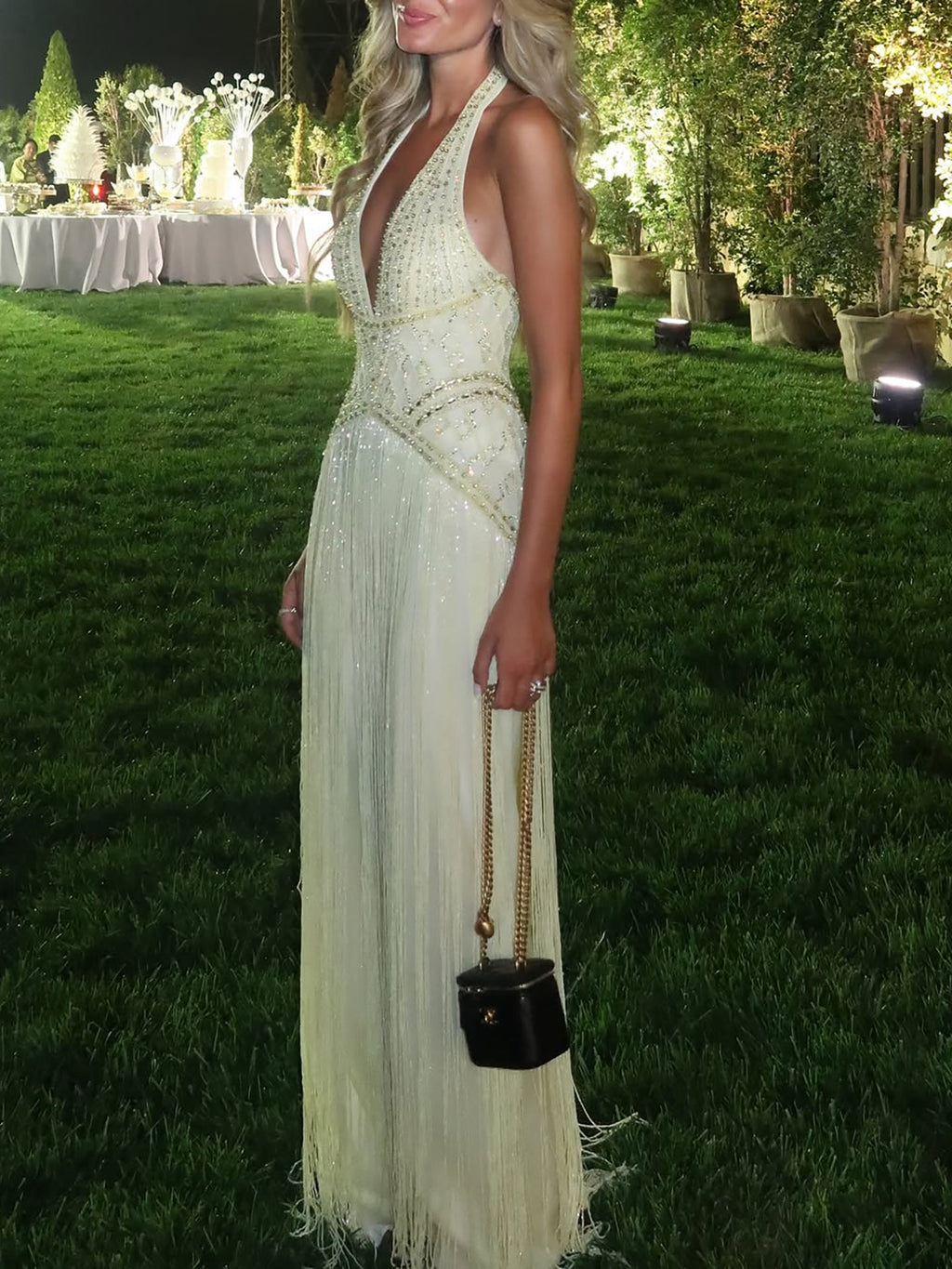 Luxury Butter Yellow Halter Fringe Evening Dress LA73765