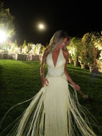 Luxury Butter Yellow Halter Fringe Evening Dress LA73765
