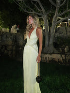 Luxury Butter Yellow Halter Fringe Evening Dress LA73765