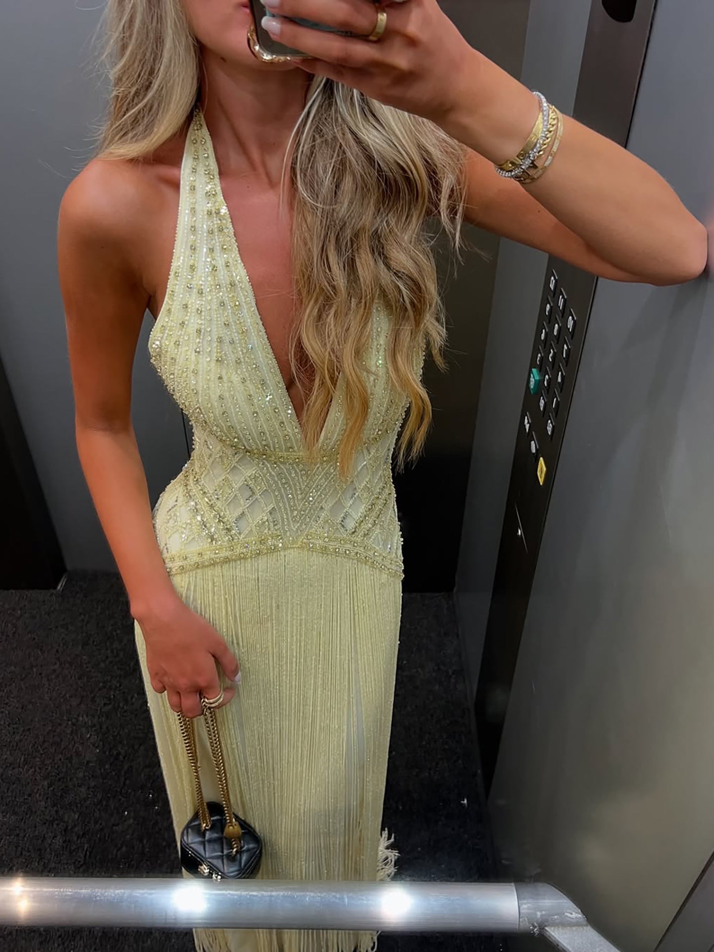 Luxury Butter Yellow Halter Fringe Evening Dress LA73765