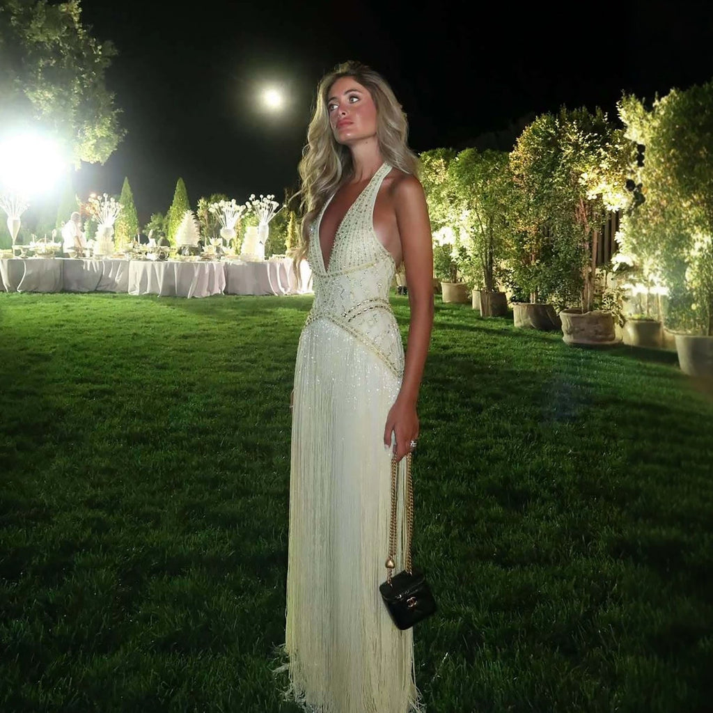 Luxury Butter Yellow Halter Fringe Evening Dress LA73765