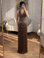 Luxury Butter Yellow Halter Fringe Evening Dress LA73765