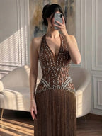 Luxury Butter Yellow Halter Fringe Evening Dress LA73765