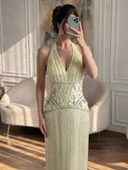 Luxury Butter Yellow Halter Fringe Evening Dress LA73765