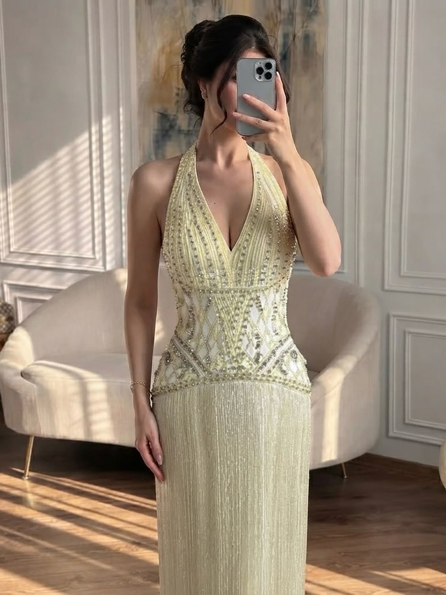 Luxury Butter Yellow Halter Fringe Evening Dress LA73765