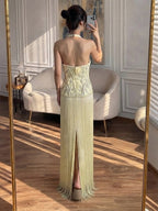 Luxury Butter Yellow Halter Fringe Evening Dress LA73765