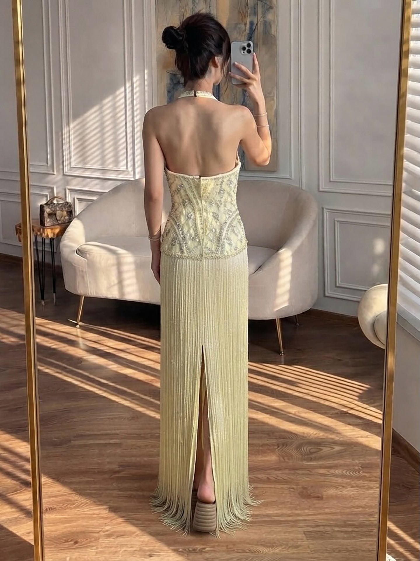 Luxury Butter Yellow Halter Fringe Evening Dress LA73765