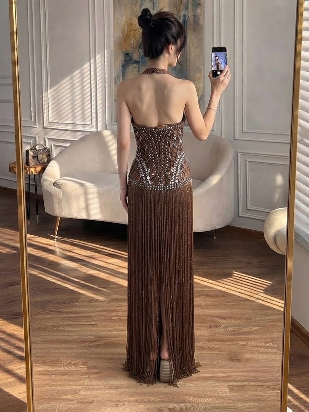 Luxury Butter Yellow Halter Fringe Evening Dress LA73765