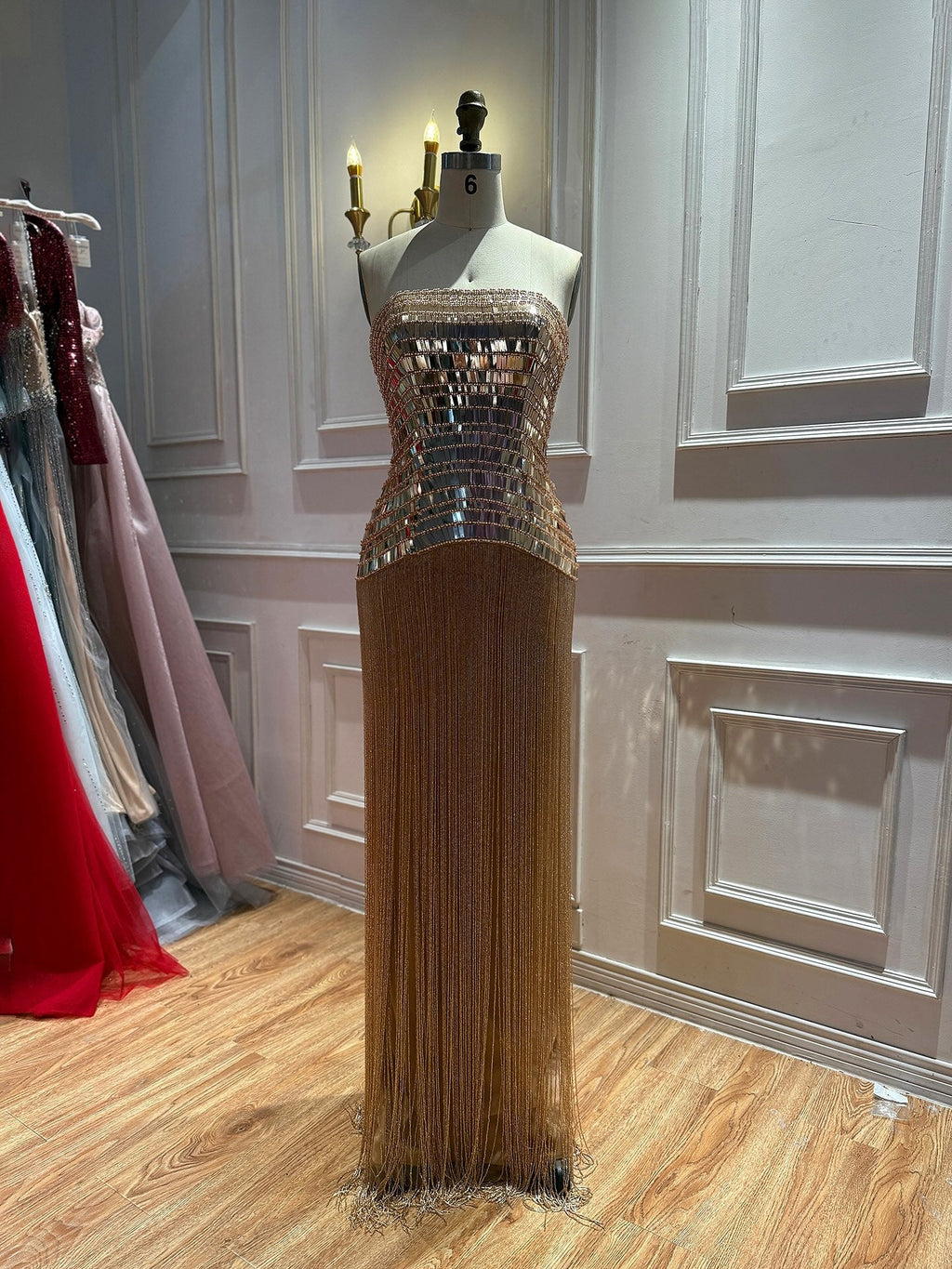 Gold Mirror Beaded Strapless Tassel Column Dress LA73797