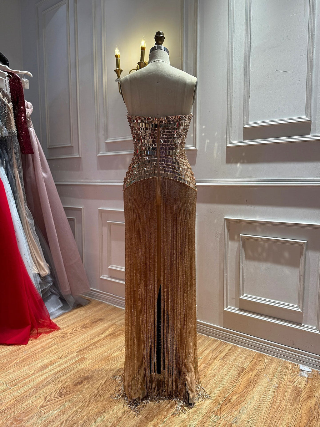 Gold Mirror Beaded Strapless Tassel Column Dress LA73797