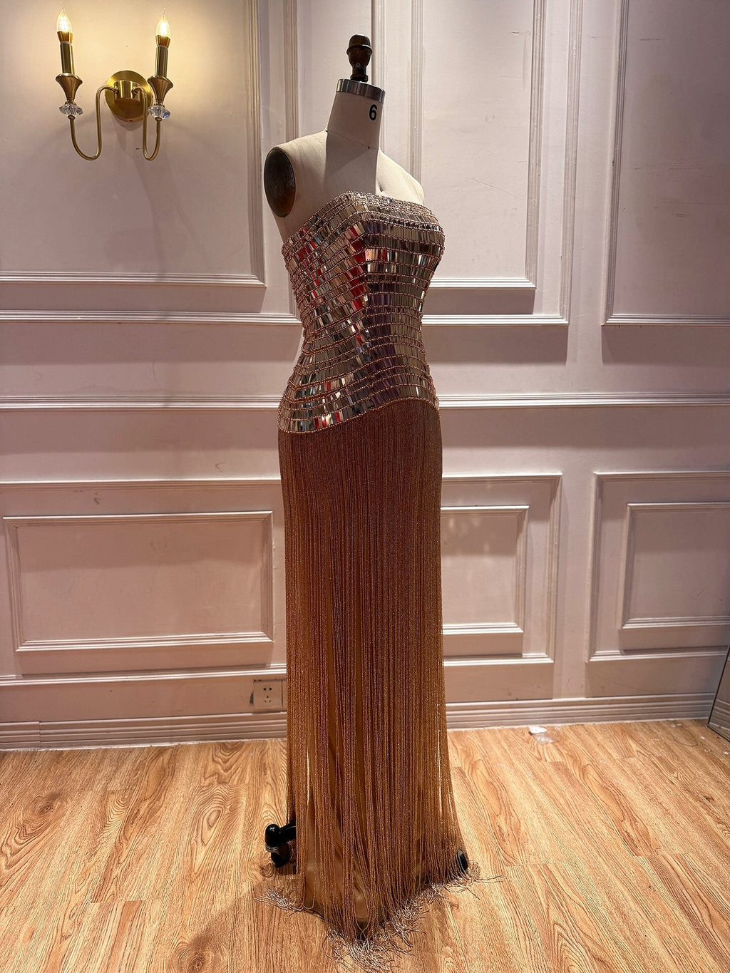 Gold Mirror Beaded Strapless Tassel Column Dress LA73797