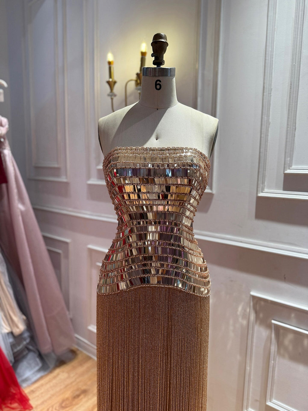 Gold Mirror Beaded Strapless Tassel Column Dress LA73797