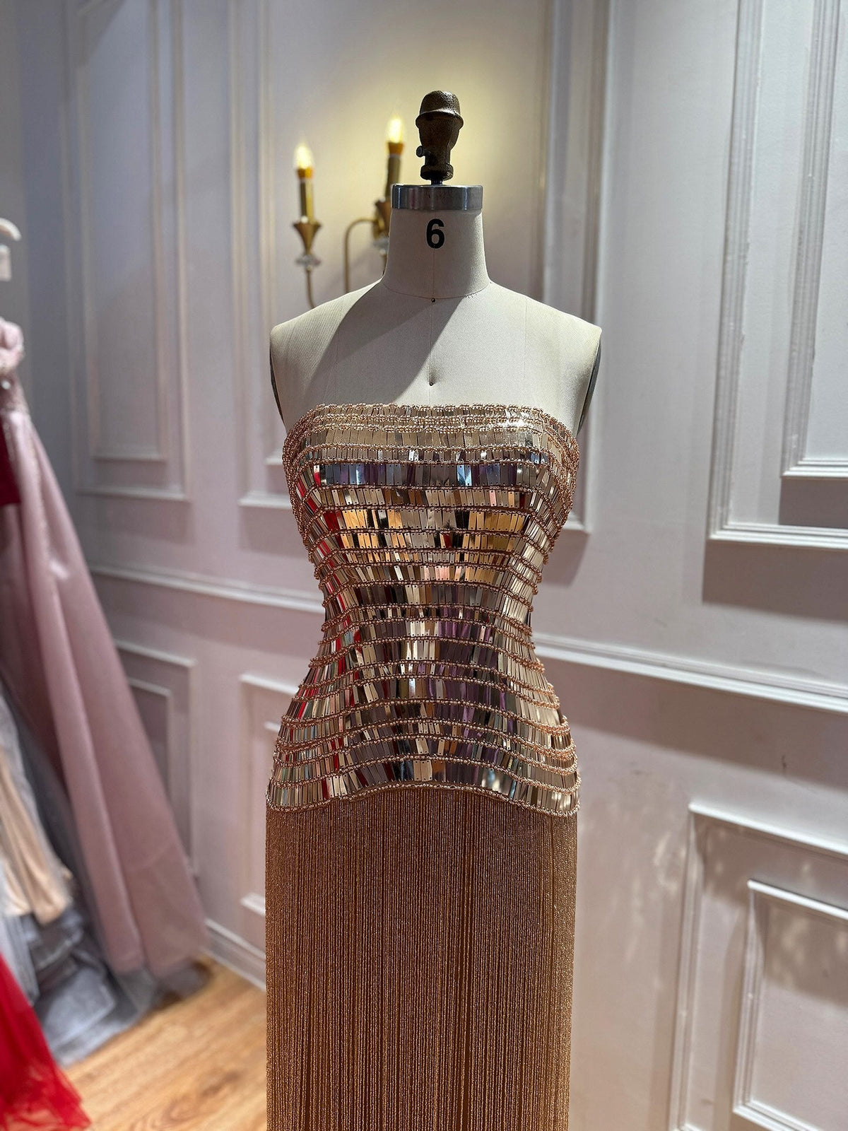 Gold Mirror Beaded Strapless Tassel Column Dress LA73797
