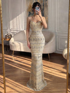 Luxury Champagne Beaded Spaghetti Straps Straight Dress LA73803