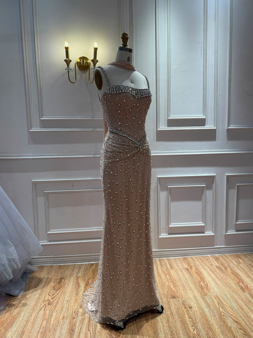 Nude Crystal Beaded Spaghetti Strap Mermaid Evening Dress LA73927