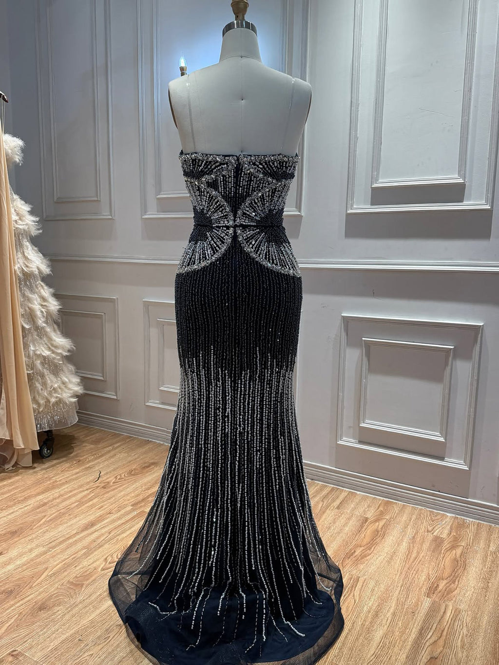Luxury Navy Blue Strapless Beaded Mermaid Evening Dress LA73952