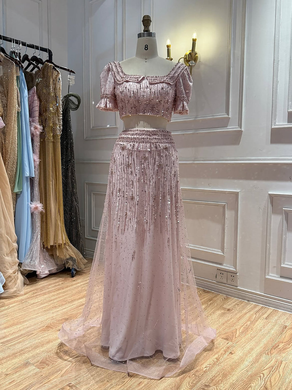 Pink Crystal Beaded Two Piece A Line Evening Dress LA73960